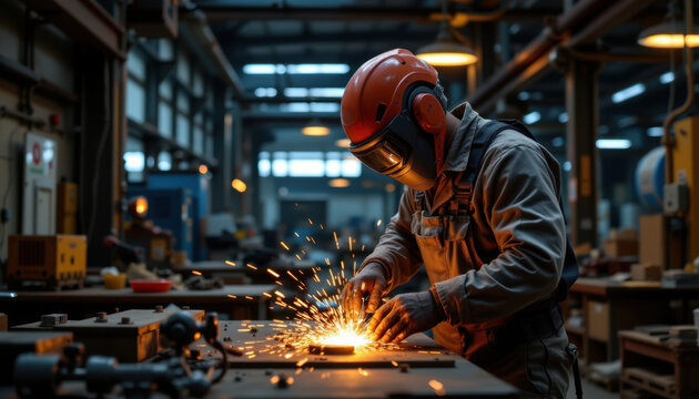 Metal fabricator works diligently in workshop, wearing protective gear and helmet, as sparks fly from welding process, showcasing skill and focus in vibrant industrial setting