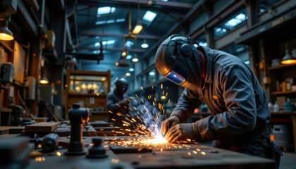 Welding sparks flying in workshop, showcasing skilled worker in protective gear focused on metalwork. atmosphere is filled with energy and creativity, highlighting craftsmanship