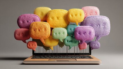 Colorful speech bubbles emerge from laptop, representing virtual conversation, online chat interaction, and collaborative communication platforms