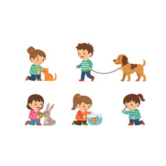 Fototapeta premium Collection of cute cartoon children caring for their pets. Kids walking a dog, petting a cat, and feeding a rabbit and fish.
