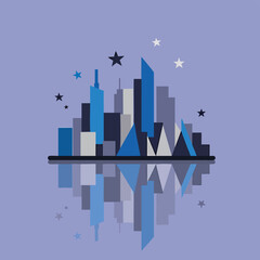 Stylized geometric city skyline at night with stars and water reflection.