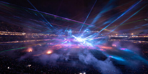 people watching drones form animated shapes above a stadium surrounded by lasers and fog effects during night
