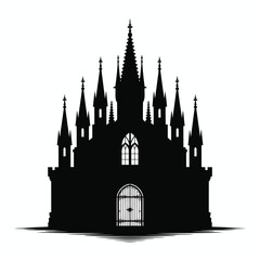 Fototapeta premium Gothic castle silhouette with pointed spires and arched gateway black white