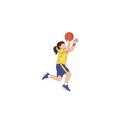 Athletic young girl in sportswear playing basketball, making a jump shot. Minimalist vector graphic.