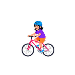 Fototapeta premium Cheerful cartoon girl riding a bike. Child character in a safety helmet enjoying an outdoor activity. Isolated vector graphic.