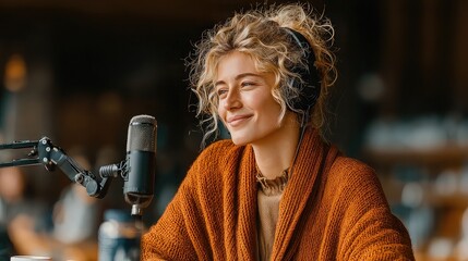 Confident businesswoman speaking into microphone while participating in professional podcast interview, career-focused content production and thought leadership session