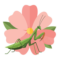 A green praying mantis illustration perched on a large pink flower.