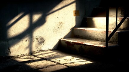 Sunlit steps in a dimly lit interior space.