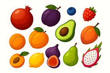 Colorful Fruit Vector Set Featuring Pomegranate, Blueberry, and Fig