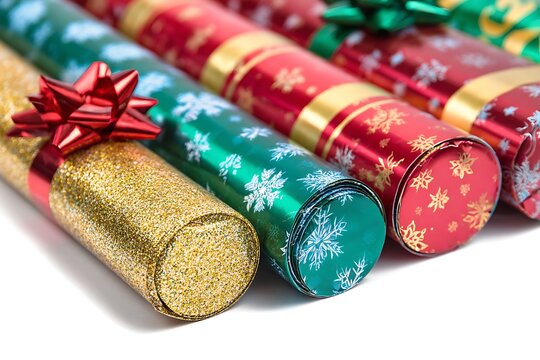 Festive Christmas Crackers with Bows Gold Glitter, Green Snowflake, and Red Holiday Fun