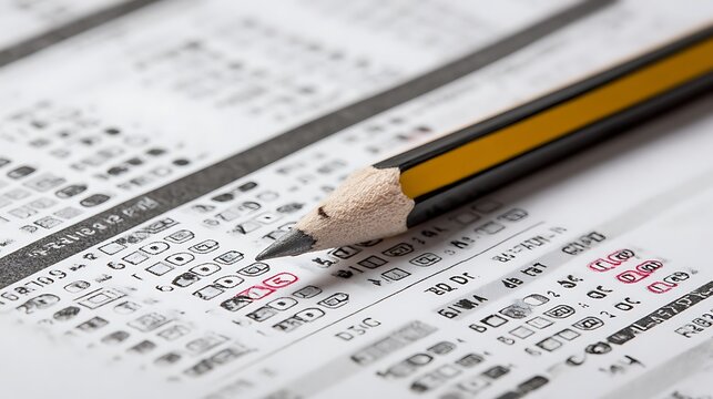 Filled Exam Paper with Pencil Focus Assessment, Multiple Choice Test, Academic Success