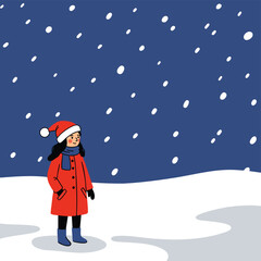 Smiling Girl in Red Winter Coat and Santa Hat in Snow.