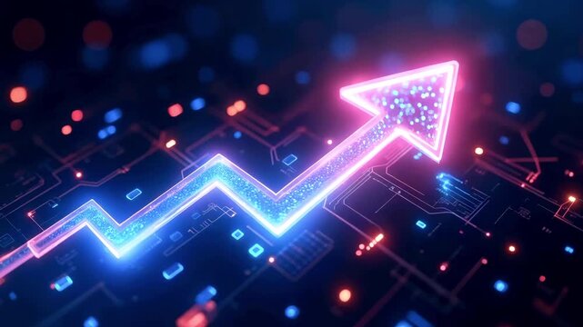 Futuristic digital arrow symbolizing growth and progress against a vibrant tech background