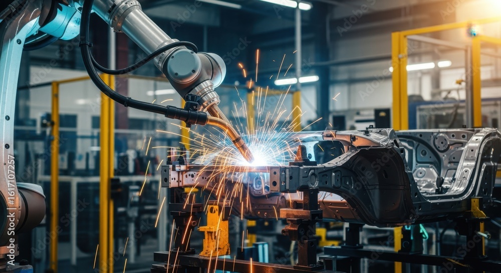 Aufkleber industrial robot sparks flying while welding car part in automated workshop.