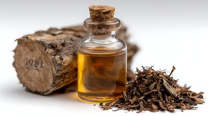 Fragrant Agarwood Oil Essence Still Life with Wood Piece and Chopped Agarwood