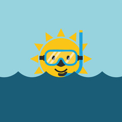 Cartoon Sun with Snorkel Gear in Ocean Waves Illustration.