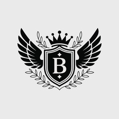 Regal winged shield emblem with laurel branches wings crown