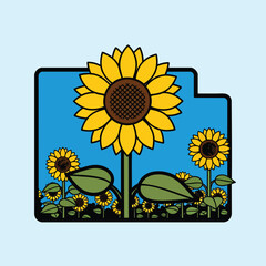 Stylized graphic illustration of a sunflower field with a prominent central flower.
