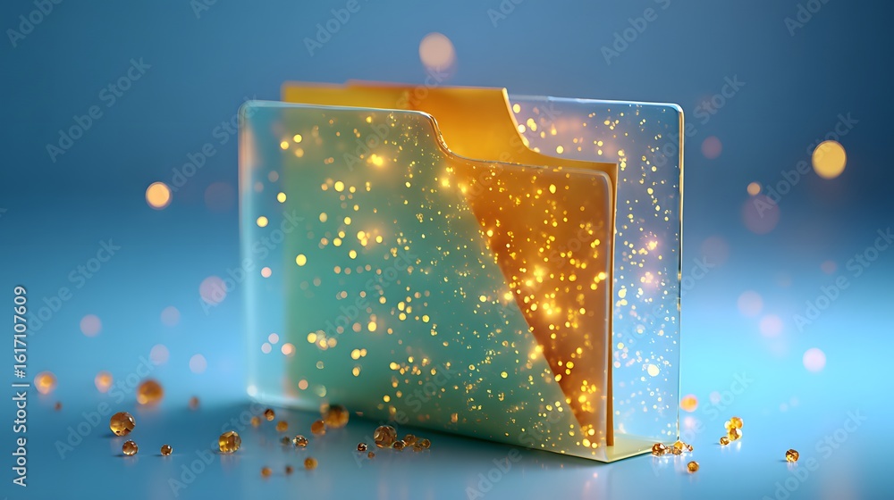 Poster a luminous folder icon with shimmering particles.