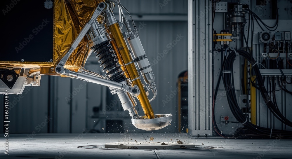 Poster side shot of a lunar lander leg compressing shock absorbers during a controlled drop test on an adva