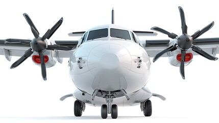 Fototapeta premium Front View of a Modern White Turboprop Airplane with SixBladed Propellers on White