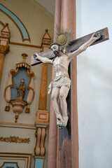 representation of Jesus Christ crucified on the cross inside the main church of Vila do Porto, on the island of Santa Maria.