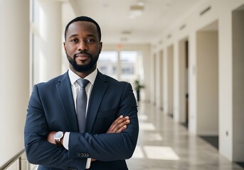 African American Executive in Office Hallway Businessman standing with arms crossed in a bright office corridor excellent for team bios or coaching leadership