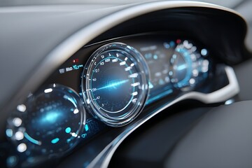 Futuristic dashboard with luminous display, glowing speedometer, digital interface