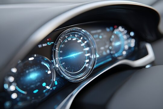 Futuristic dashboard with luminous display, glowing speedometer, digital interface