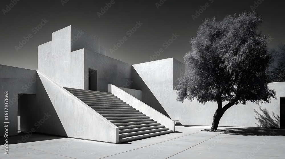 Poster modern architecture with a solitary tree.