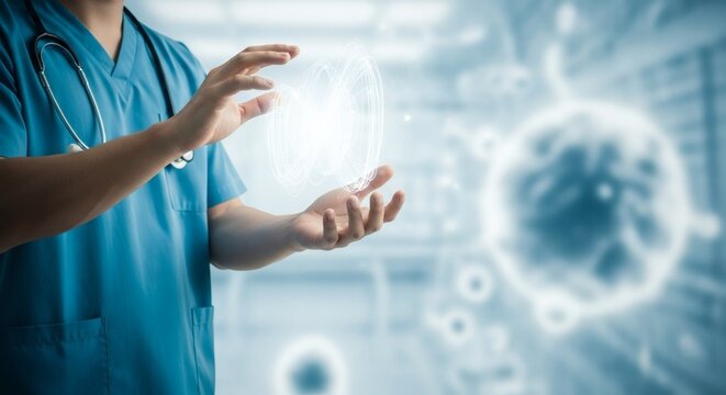 Surgeon manipulating a glowing orb with digital data overlays