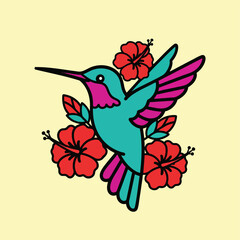Colorful Hummingbird with Hibiscus Flowers.