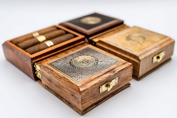 Handcrafted Wood Cigar Boxes Displaying Intricate Metal Embellishments and Premium Cigars on White