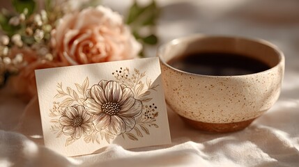 Delicate floral design on a card with a ceramic cup.