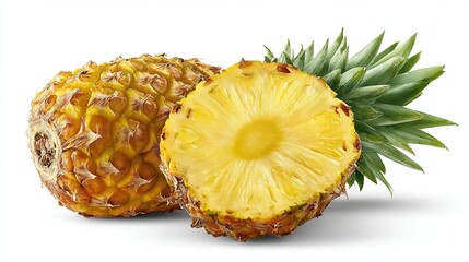 Cut and whole pineapple with green leaves, isolated against a white background