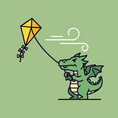 Cartoon Dragon Flying a Yellow Kite on a Windy Day Illustration.