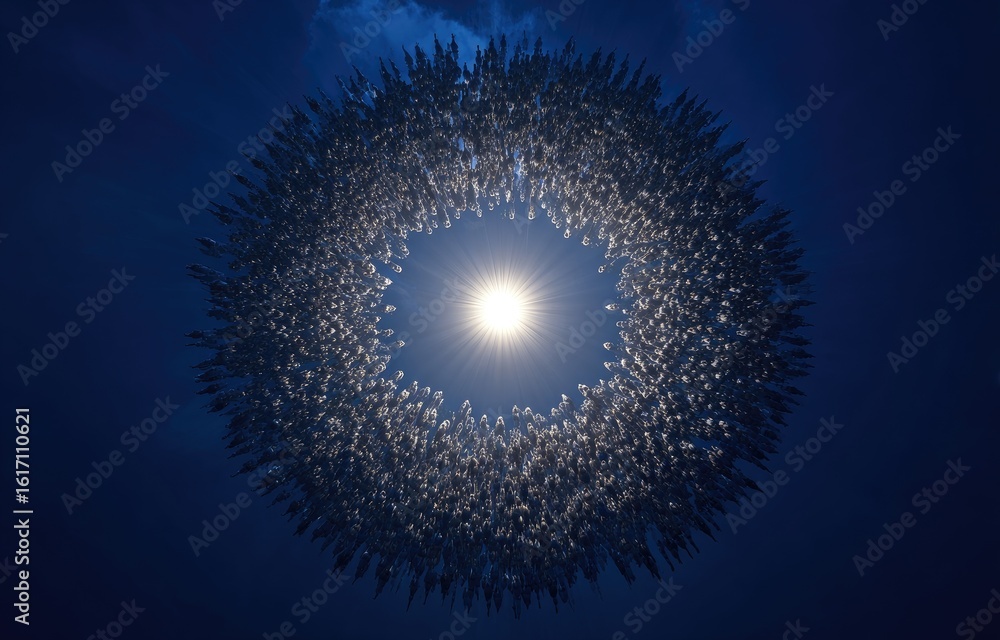 Poster circular array of small, light-grey objects surrounding a bright sun