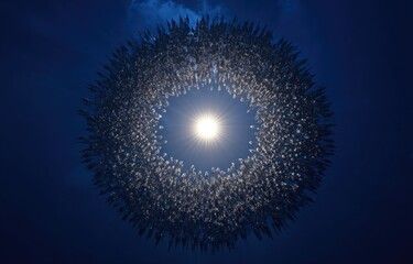 Circular array of small, light-grey objects surrounding a bright sun