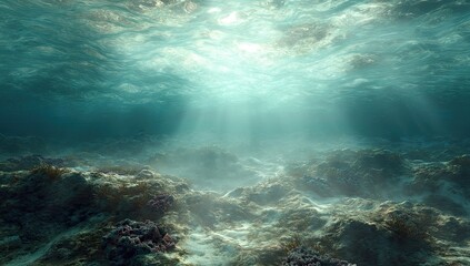 Underwater scene, sunbeams illuminating seabed