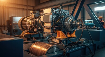 Interior shot of a mining haul trucks battery electric drivetrain mounted on a dynamometer for efficiency and durability testing.