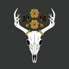 Decorative Deer Skull with Floral Embellishments and Antlers.