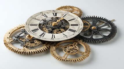 Intricate Clockwork Antique Clock Face and Gears Arrangement on a Clean White Surface