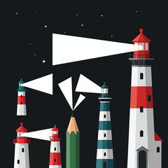 Collection of Lighthouses Shining Beams of Light Against a Starry Night Sky.