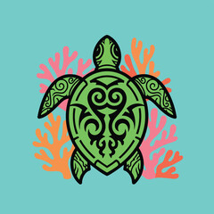 A stylized green sea turtle with intricate black tribal tattoo patterns.