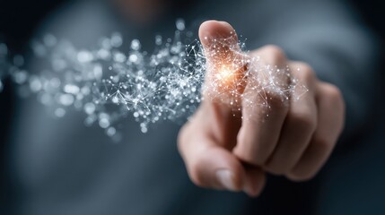 Entrepreneur accessing floating data network through fingertip gestures in immersive virtual interface with digital connections and transparent futuristic screen display