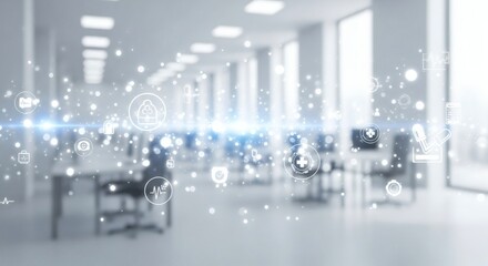 Fototapeta premium Digital medical icons float in a blurry bright office hallway