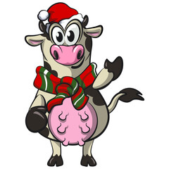 cute christmas cow mascot with santa hat and scarf vector cartoon isolated, work of hand drawn