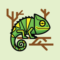 A cute cartoon chameleon with green and yellow patterns perched on a brown tree branch.