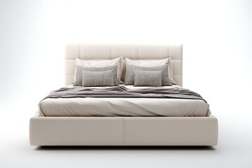 Obraz premium Minimalist Platform Bed with Ivory Upholstery, Gray Throw, and Patterned Pillows on White Background