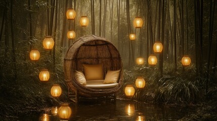 Cozy wicker chair in bamboo forest, lit by lanterns